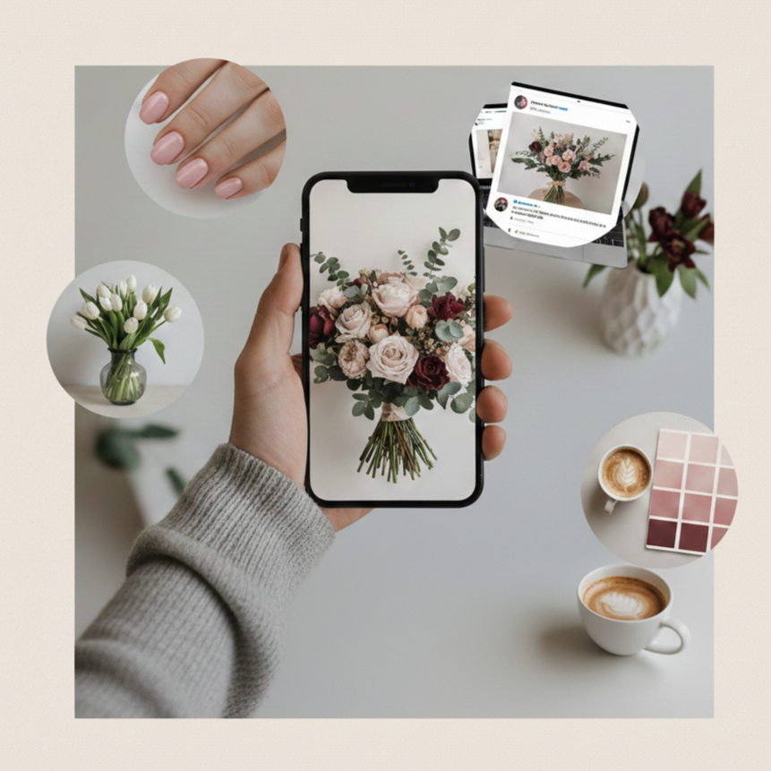 Muž drží telefon s fotkou kytice růží, vedle jsou detaily jako manikúra, vzorník barev a sociální sítě. Koncept jak vybrat kytici pro ženu